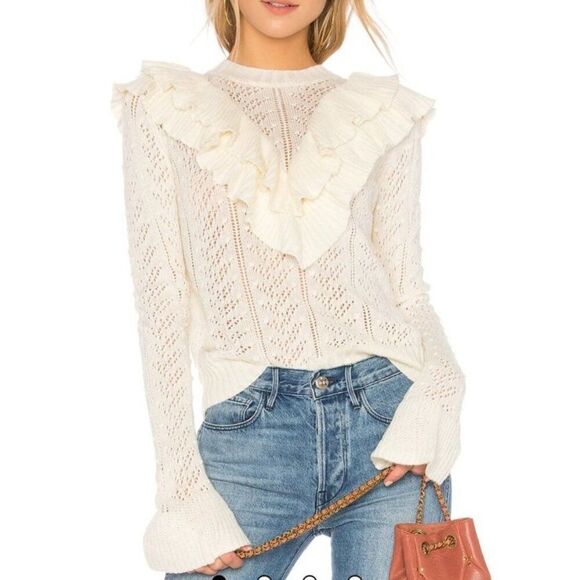 Tularosa Womens Ivory Ruffle Knit Sweater S Wool Bell Sleeve Feminine Soft Girl - Picture 12 of 12